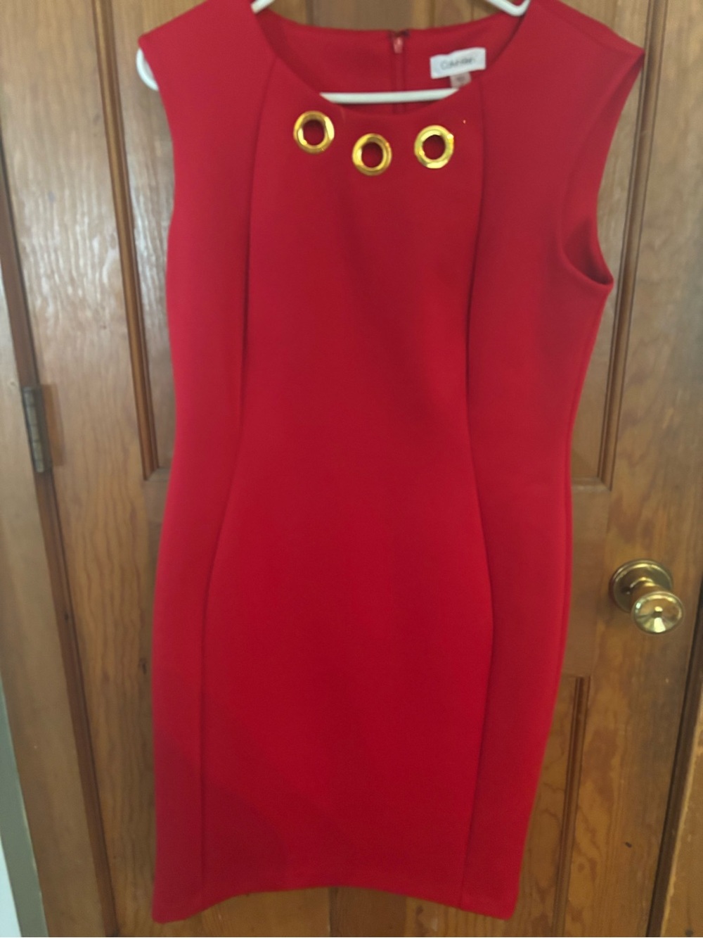 NWOT Calvin Klein Red Sleeveless Sheath Dress Gold Grommet Neckline size 12 - Picture 3 of 8